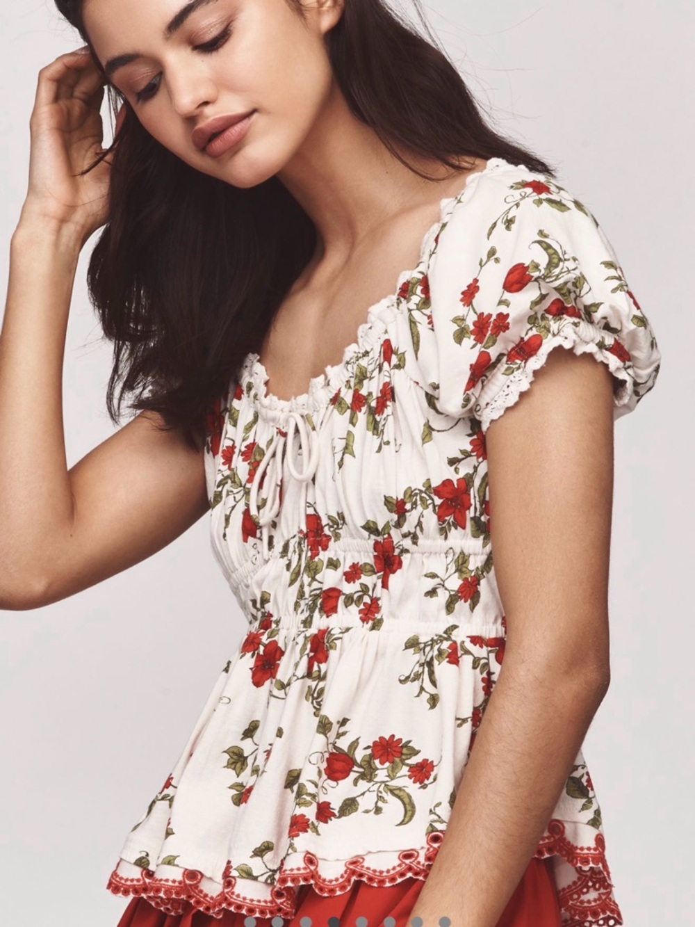 Maeve Floral Puff-Sleeve Peplum Top - White with Red Flowers - Picture 4 of 9